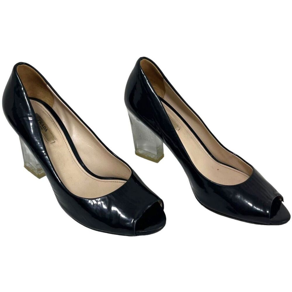 Prada Black Patent Leather Peep Toe Clear Lucite Heels Size EU 37/US 6.5 GUC